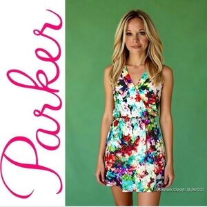 { Parker NY } “Maya” Faux Wrap Silk Mini Dress in Abstract Floral